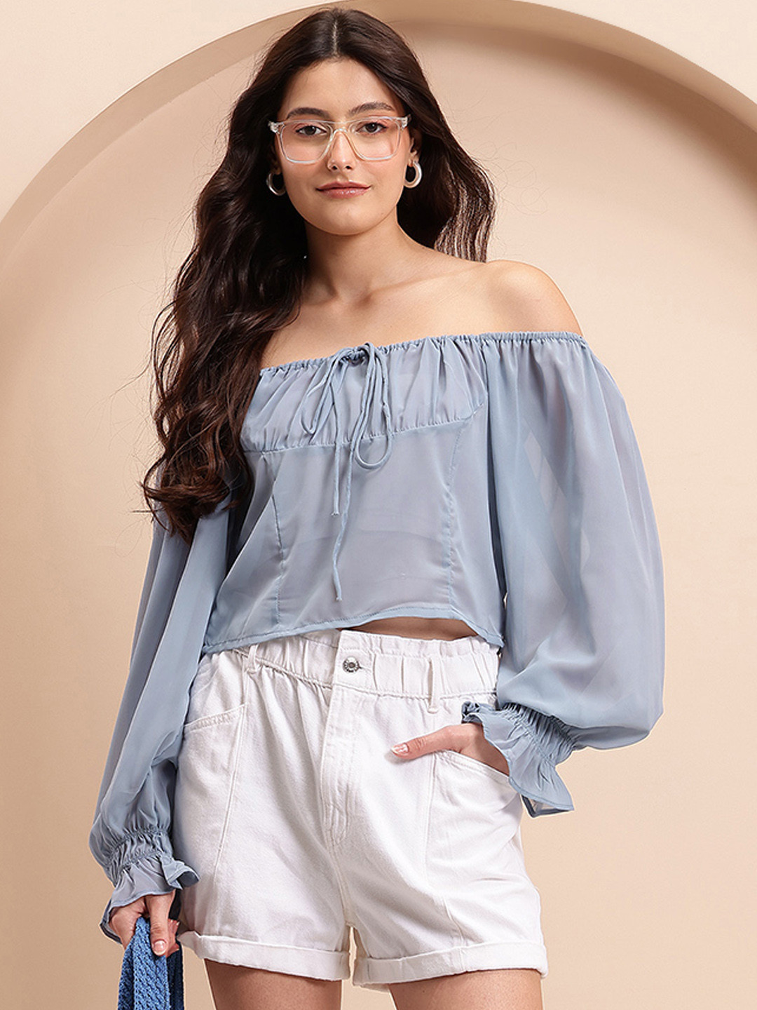 Mast & Harbour Off-Shoulder Bell Sleeve Semi-Sheer Bardot Top