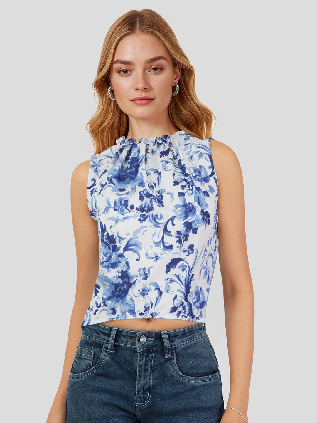 Mast & Harbour Floral Print Keyhole Neck Pleated and Ruffled Crop Top