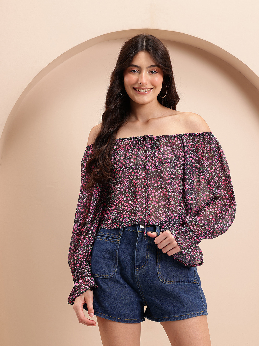 Mast & Harbour Floral Print Off-Shoulder Tie-Up Detail Bell Sleeve Bardot Top