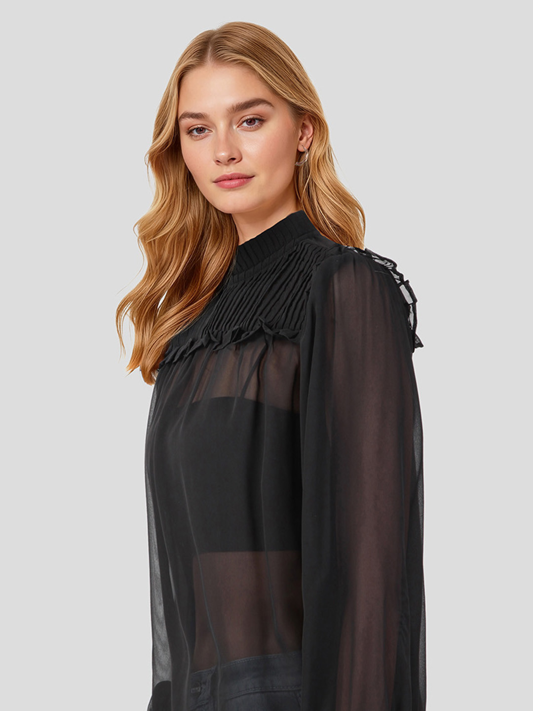Mast & Harbour Pleated Ruffle Detail Semi-Sheer A-Line Top