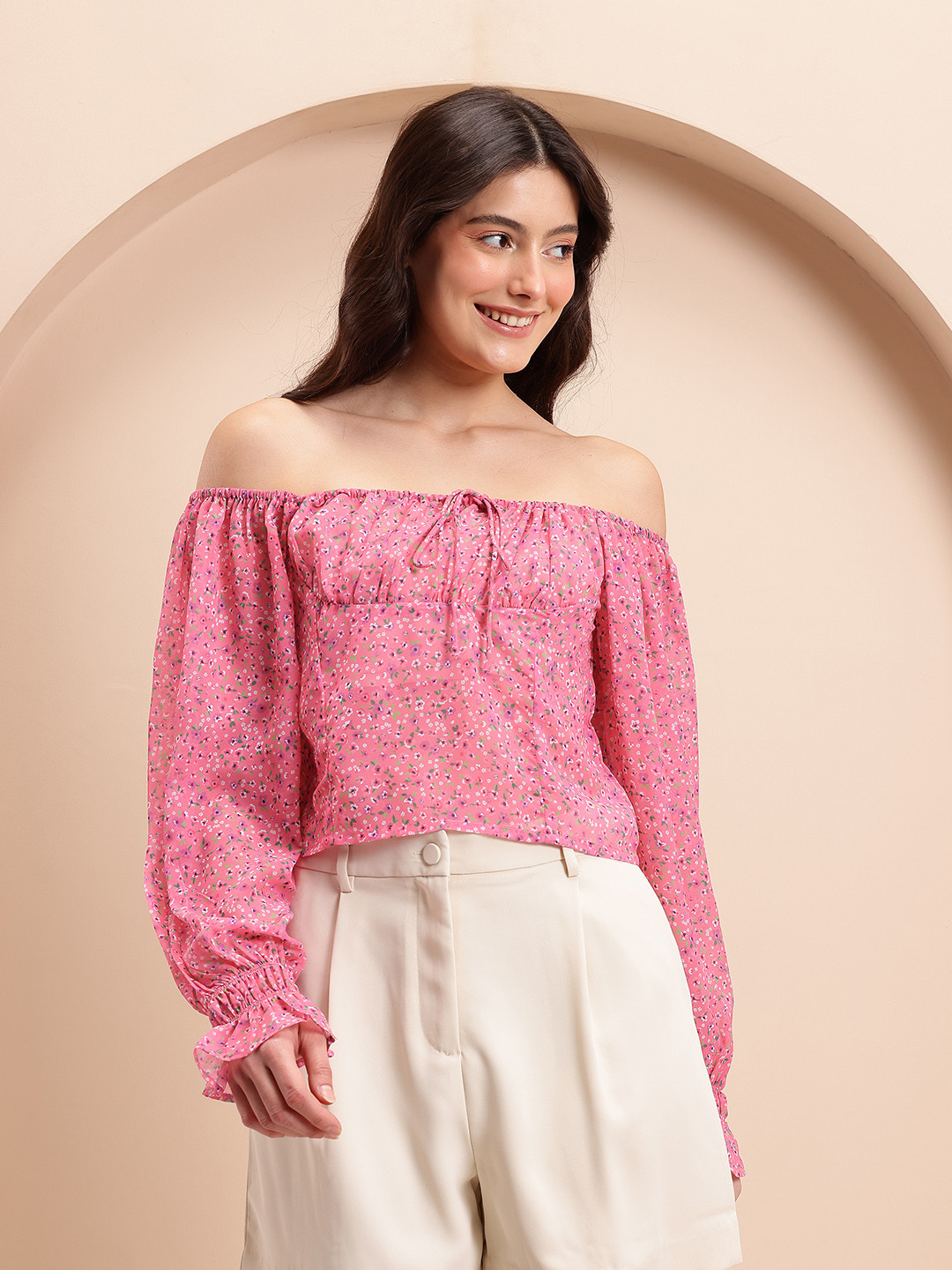 Mast & Harbour Floral Print Off-Shoulder Tie-Up Detail Bell Sleeve Bardot Top