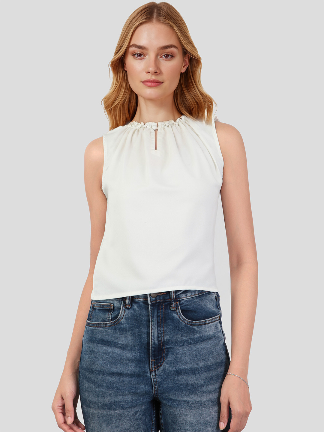 Mast & Harbour Keyhole Neck Pleated and Ruffled Crop Top
