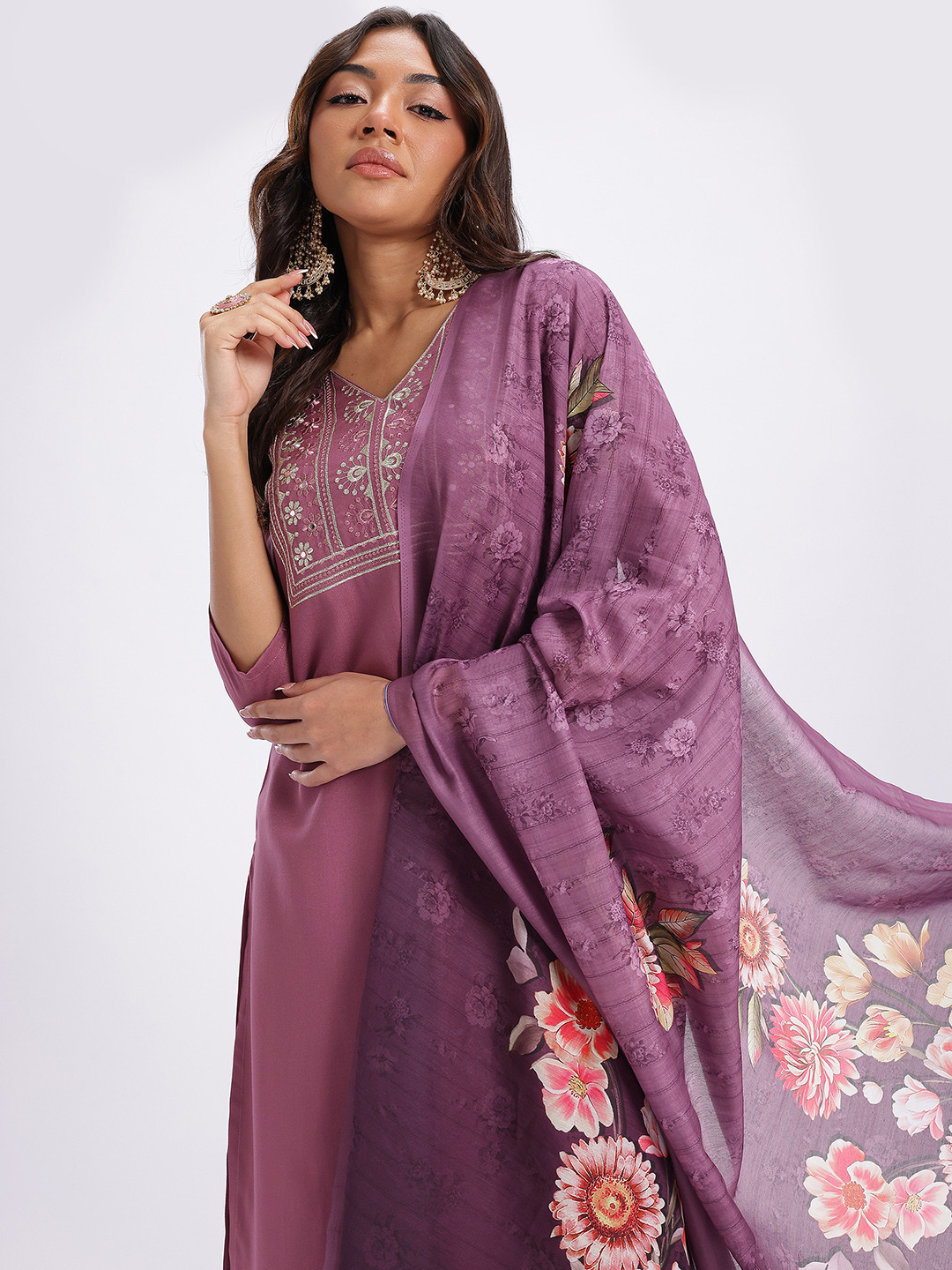 HERE&NOW Yoke Design Mirror Work Kurta with Trousers & Dupatta