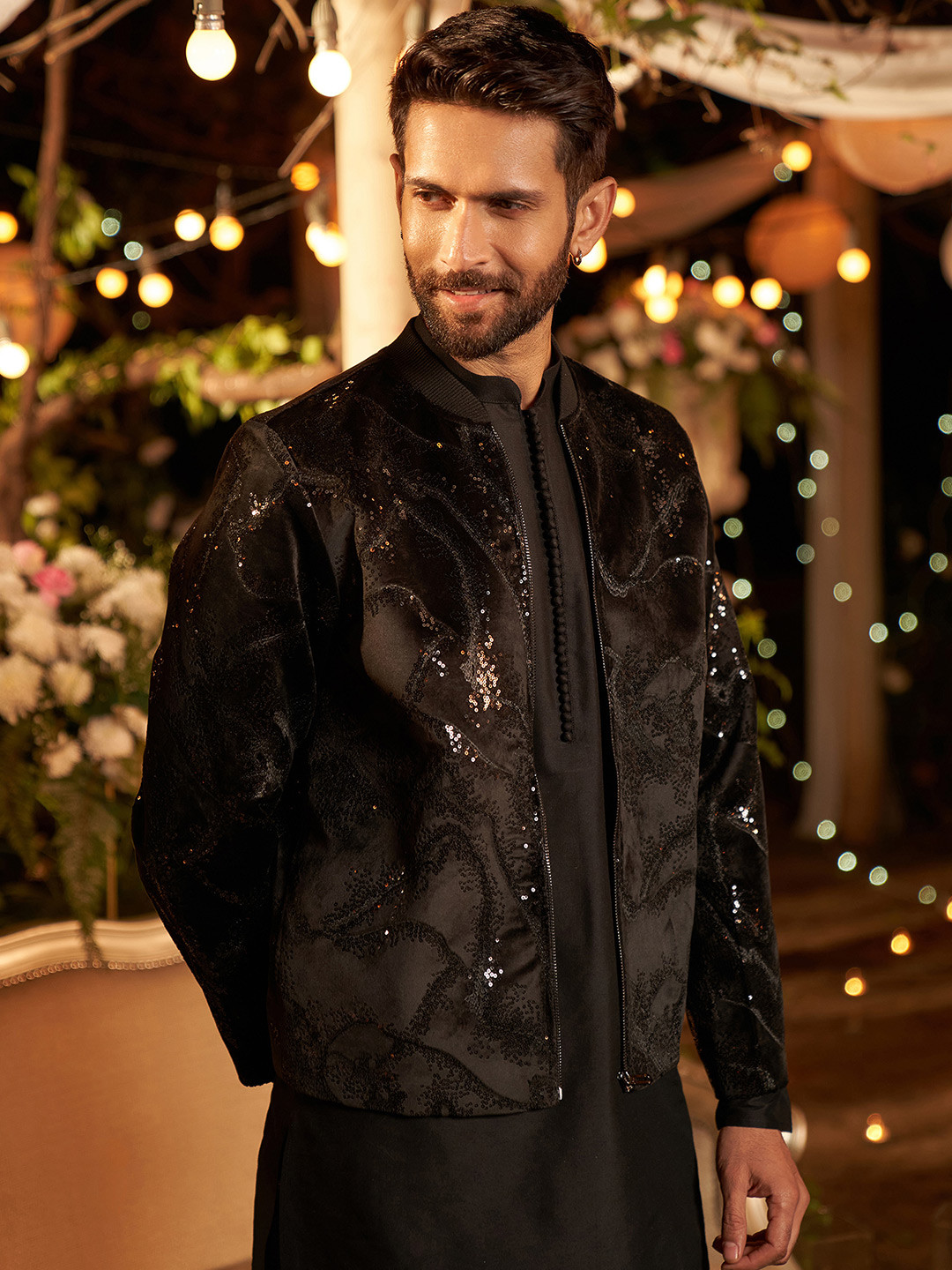 KISAH Printed Sequinned Velvet Kurta With Trouser And Bomber Jacket