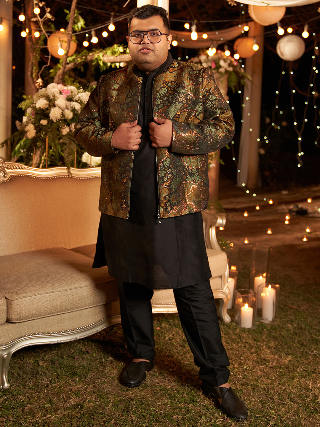 KISAH Floral Printed Zari Straight Kurta With Trouser And Bomber Jacket