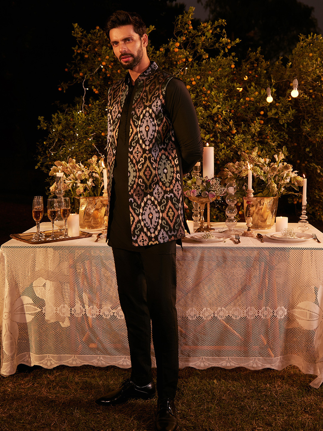 KISAH Mandarin Collar Kurta With Embroidered Heavy Thread Work Nehru Jacket Trouser Set