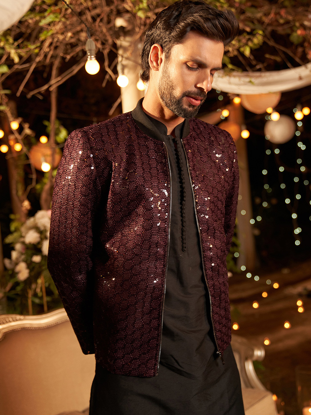 KISAH Geometric Embroidered Sequinned Kurta With Trouser And Bomber Jacket