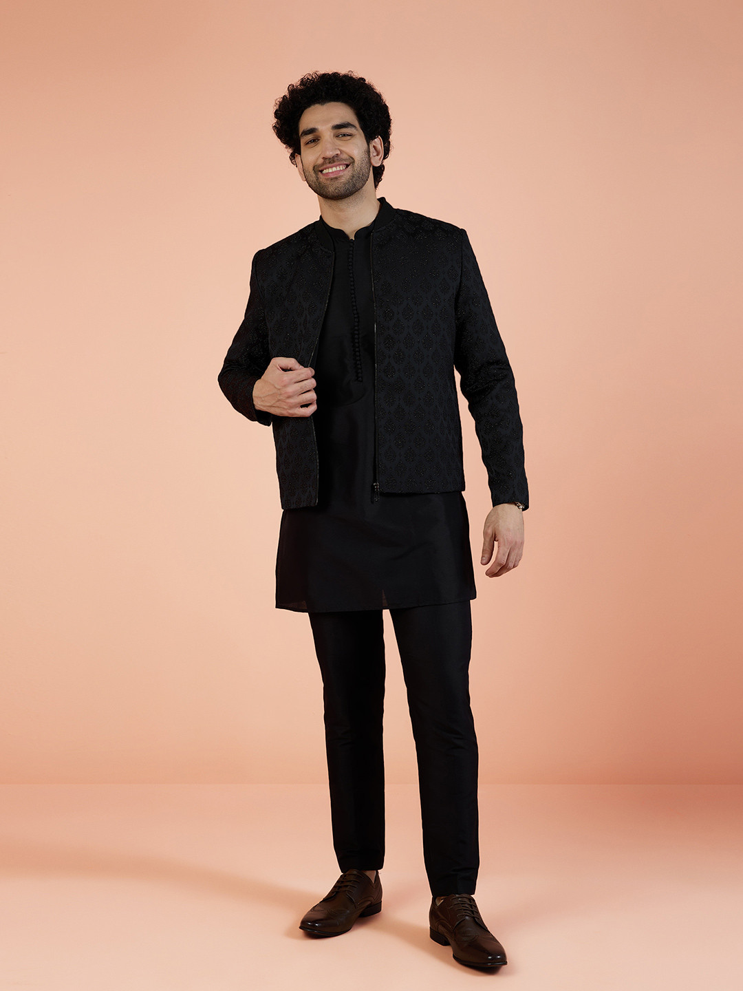 KISAH Thread Work Straight Kurta With Trouser And Bomber Jacket