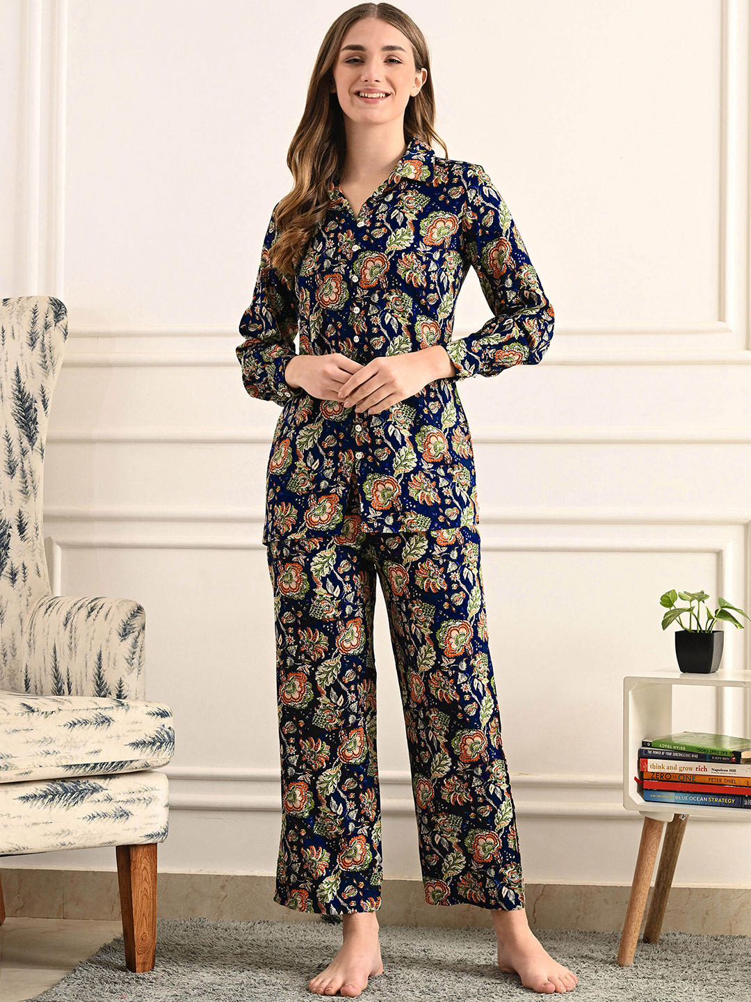 Mintmarie Floral Printed Shirt Collar Cuffed Sleeves Shirt With Trousers
