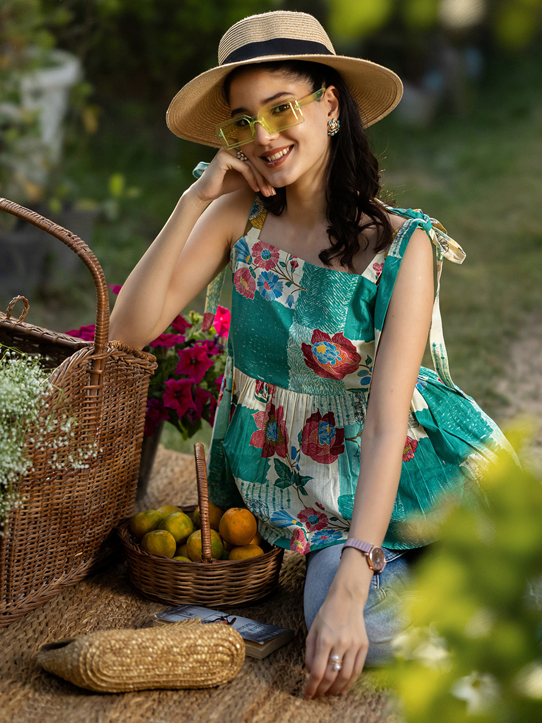 Libas Women Floral Printed A-Line Cotton Top