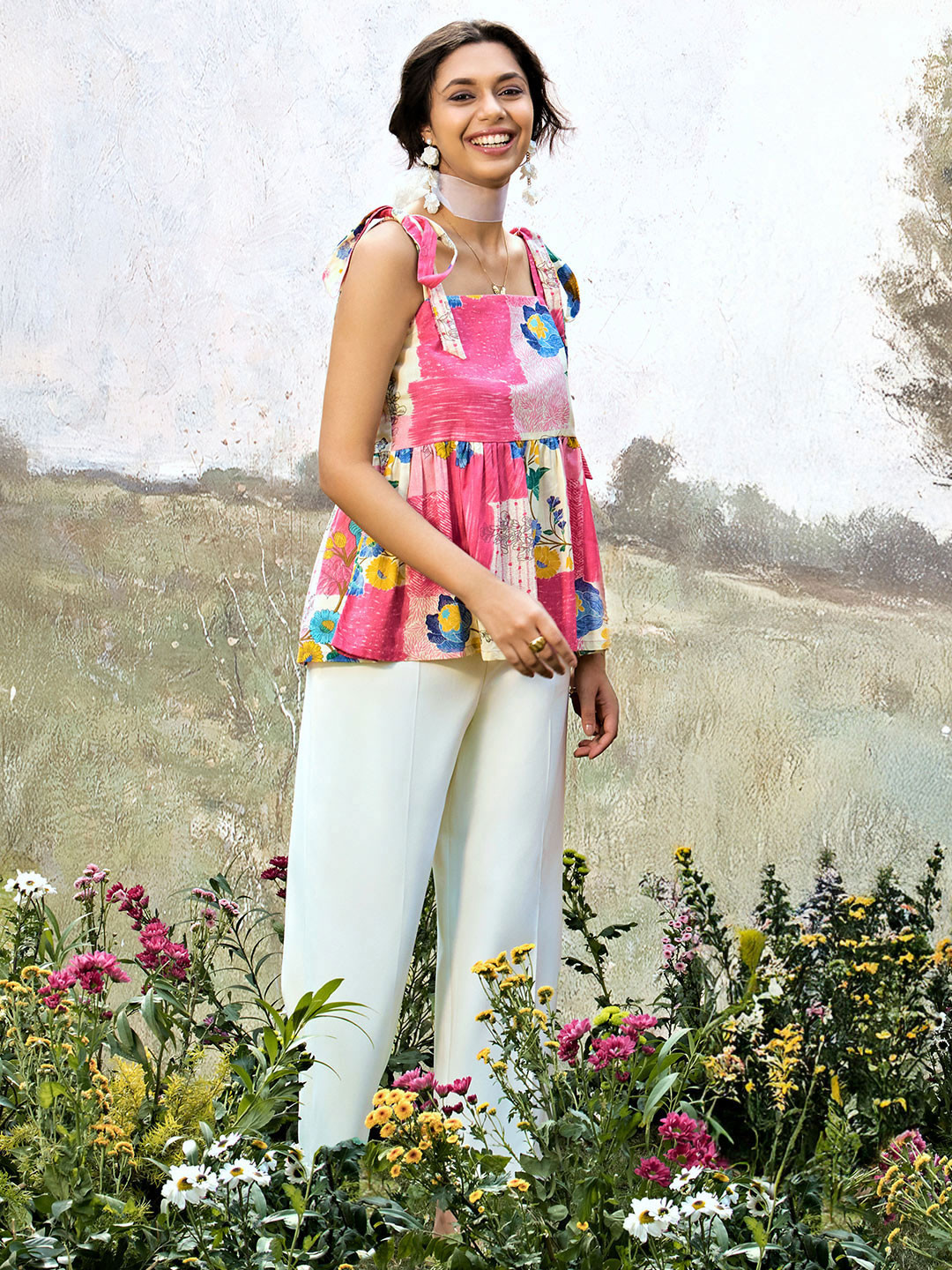 Libas Floral Printed Square Neck Cotton Peplum Kurti