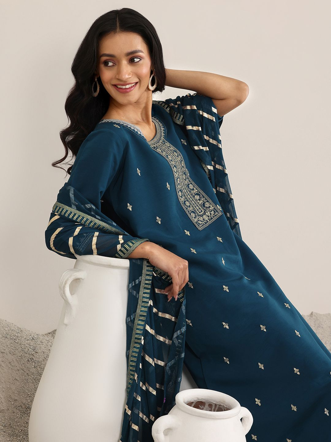 Gerua By Libas Blue Round Neck Floral Zari Embroidered A-Line Kurta With Trouser And Dupatta