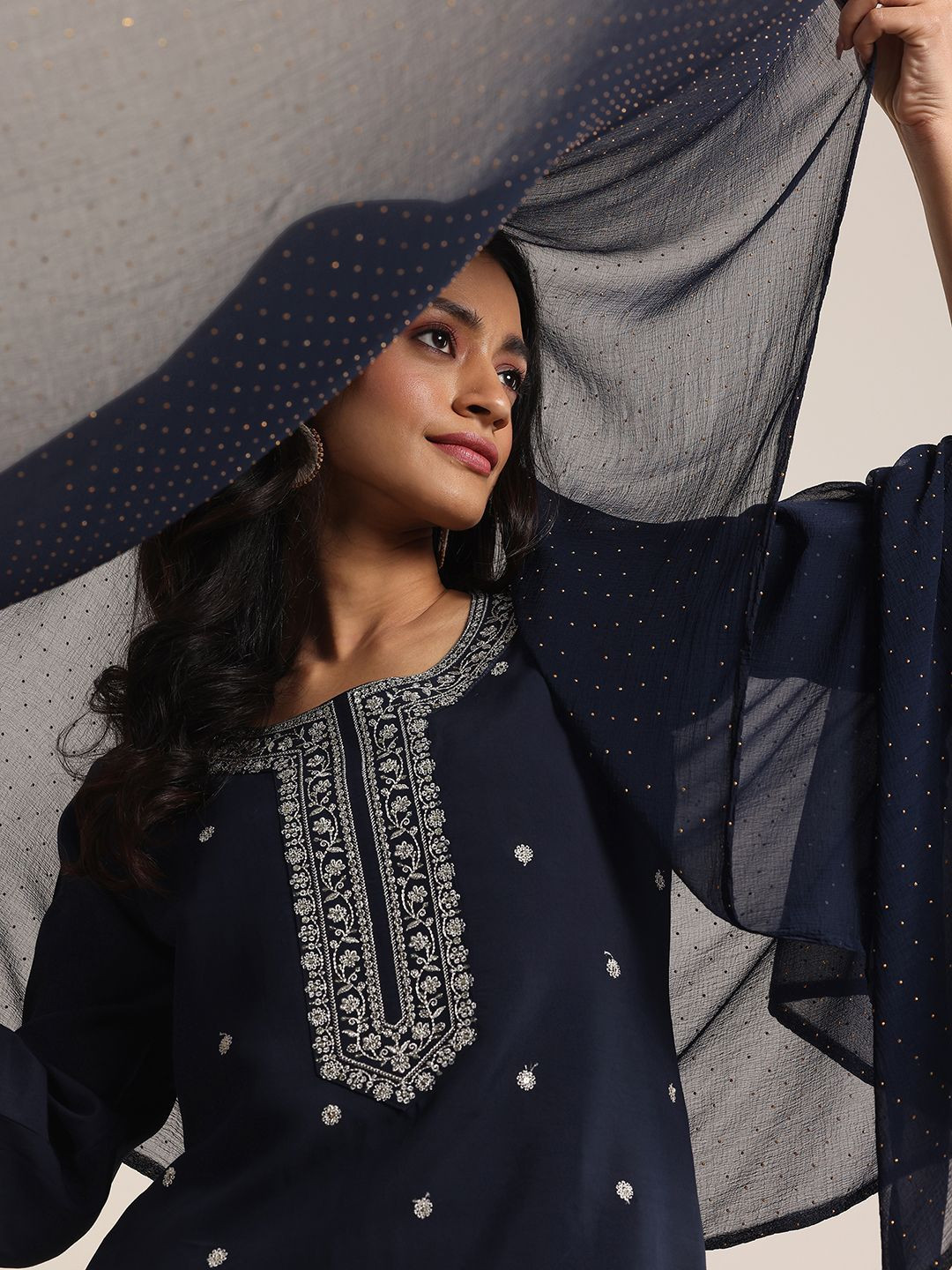 Gerua By Libas Floral Embroidered Round Neck Sequinned Straight Kurta With Trouser & Dupatta