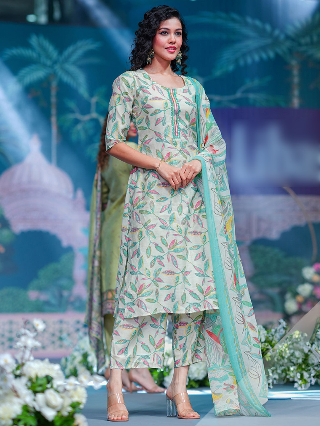 Libas Off White Floral Printed Thread Work Straight Kurta With Trouser And Dupatta