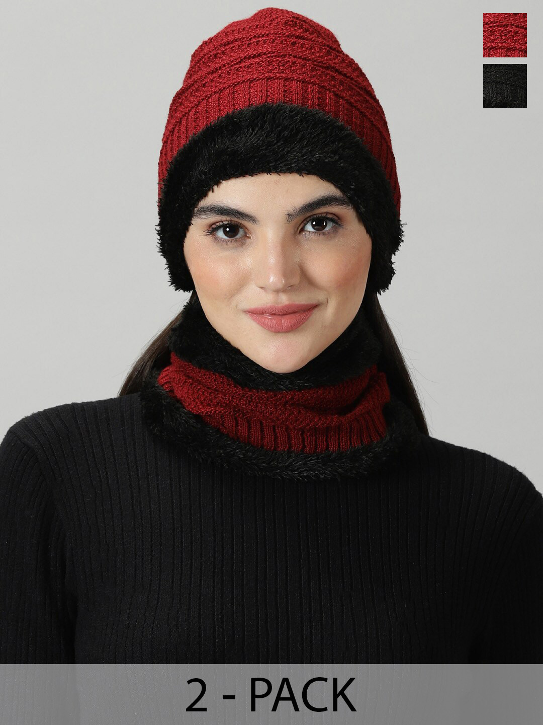 Rodzen Pack Of 2 Women Woollen Self Design Beanie Cap