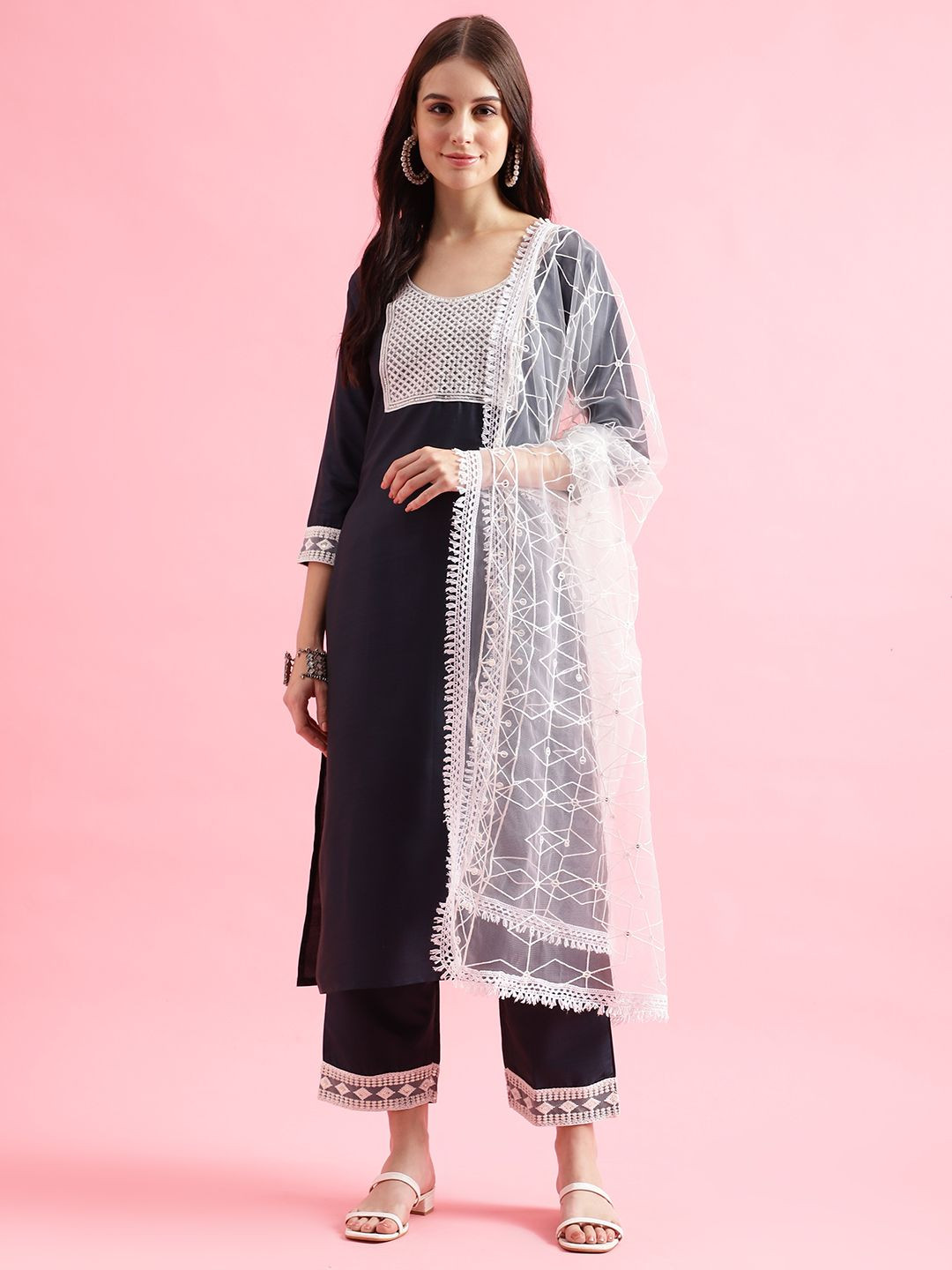 Fourleaf Floral Embroidered Round Neck Sequined Work Top With Trousers And Dupatta