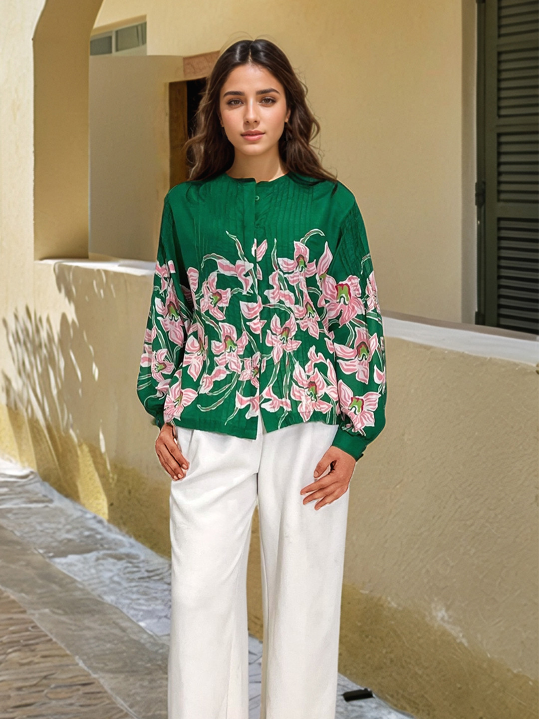 Stylecast X Hersheinbox Floral Print Cuffed Sleeves Button-Up Top with Inverted Stitches