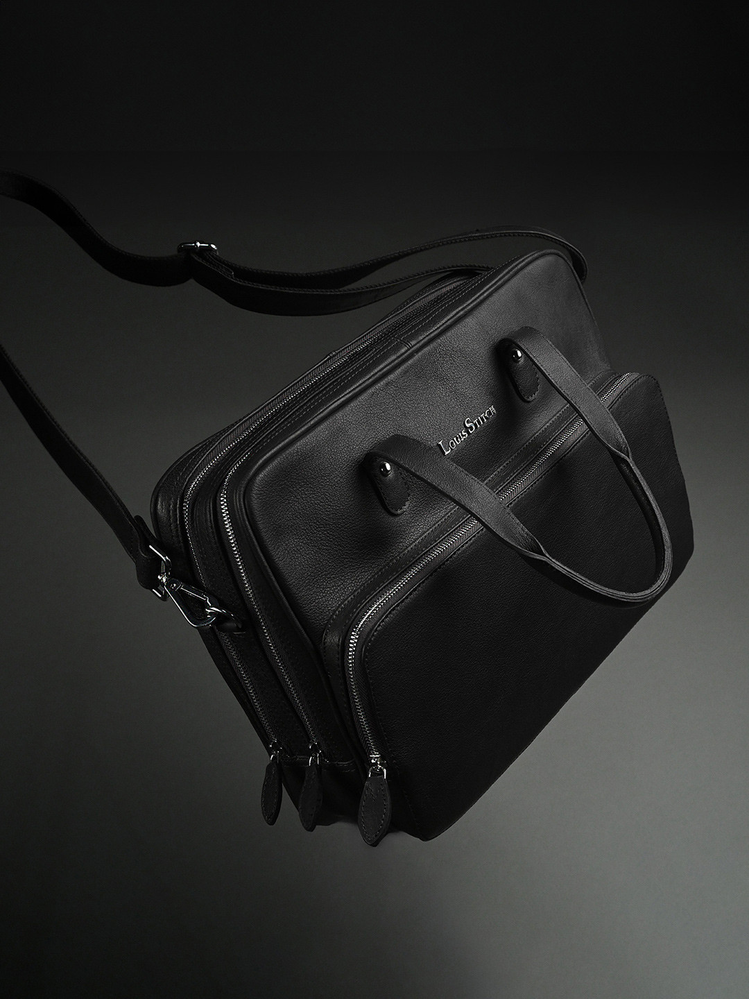 LOUIS STITCH Men Italian Milled Leather Jet Black Slim Laptop Bag