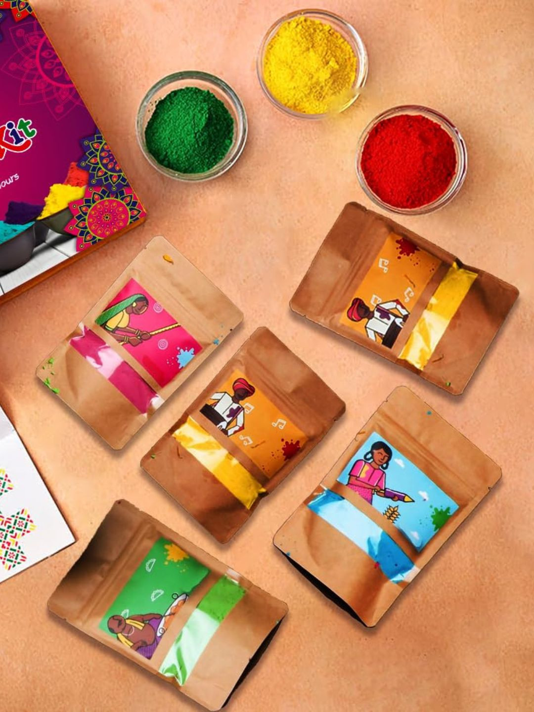 CraftVatika Green & Yellow 5 Pieces Organic Holi Gulal Colors 80 g Each