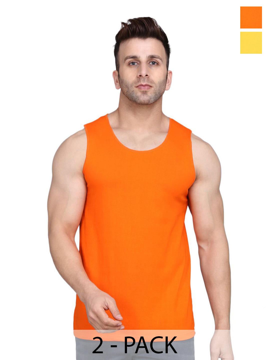 Woostro Men Pack Of 2 Round Neck Cotton Gym Vests RS26 COMBO (YELLOW) (ORANGE)