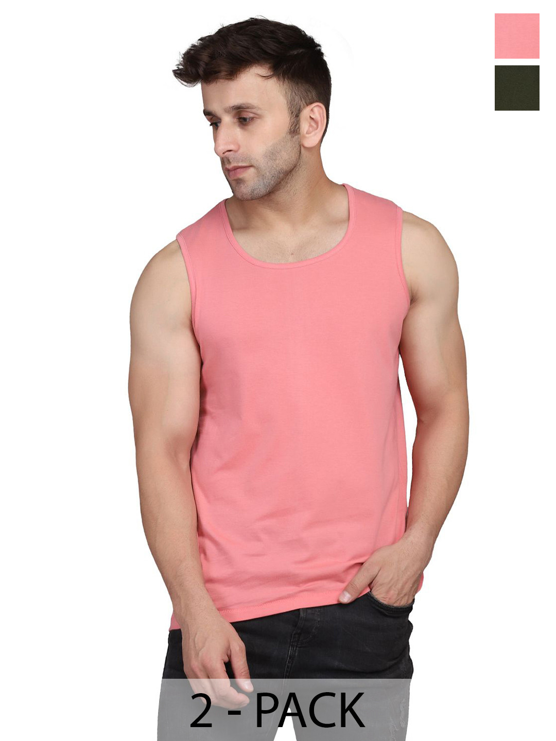 Woostro Men Pack Of 2 Pure Combed Cotton Gym VestsRS26 COMBO (PEACH) (OLIVE)