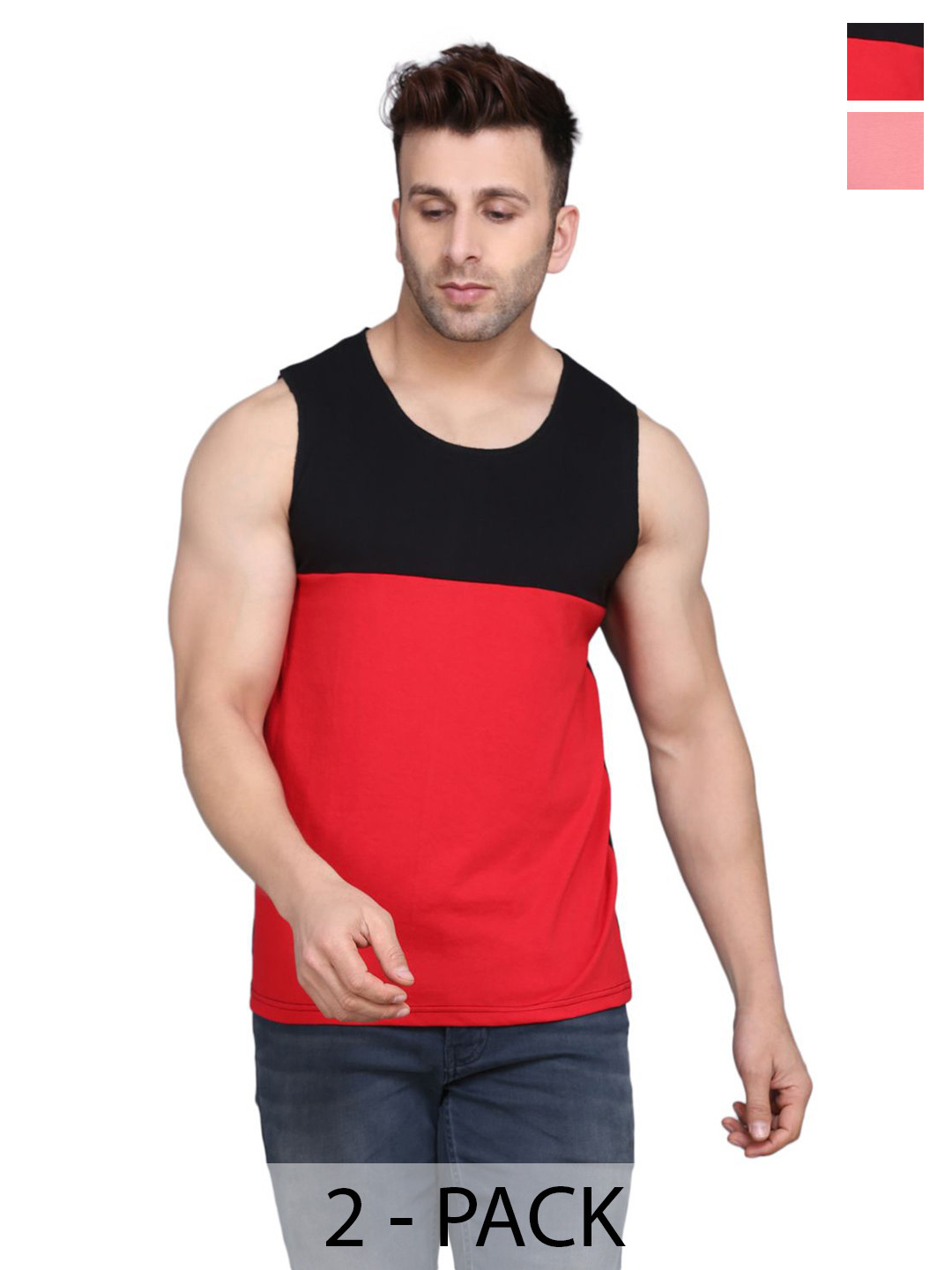Woostro Men Pack Of 2 Pure Combed Cotton Gym VestsRS26 COMBO (PEACH) (BLKRED)