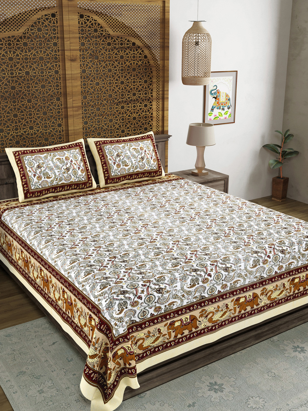 Myntra Elegant Homes Brown And white Printed 120 TC King Bedsheet Set 2.18 m x 2.64 m