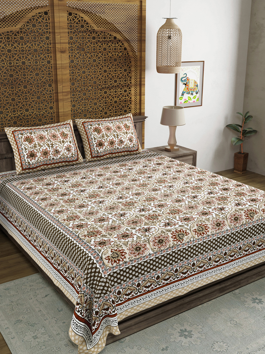 Myntra Elegant Homes Black Ethnic Motifs Cotton 120 TC King Fine Bedsheet with 2 Pillow Covers-86 x 103 inches