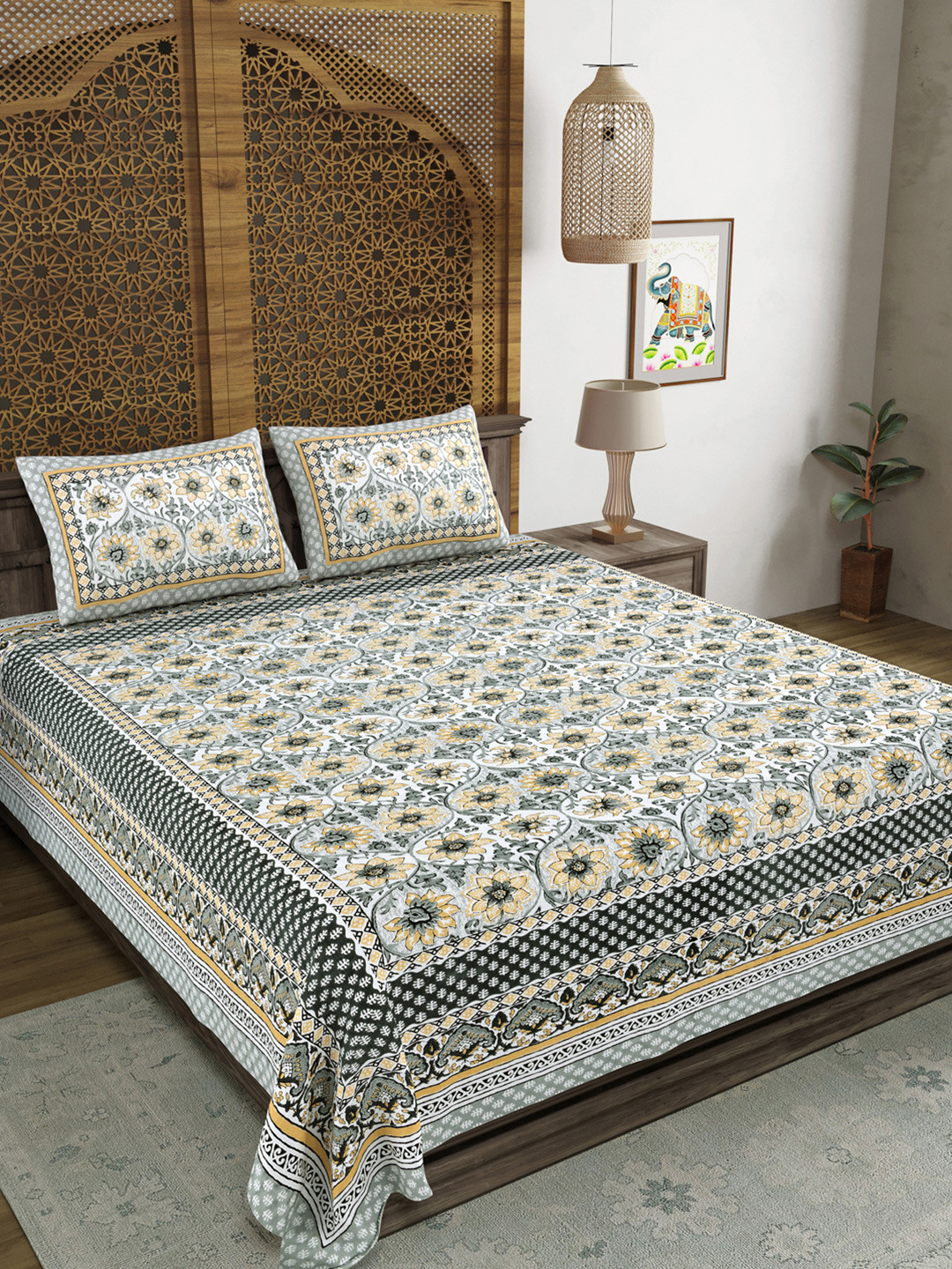 Myntra Elegant Homes Grey & Green Printed 120TC Cotton King Bedsheet Set 2.18 m x 2.64 m