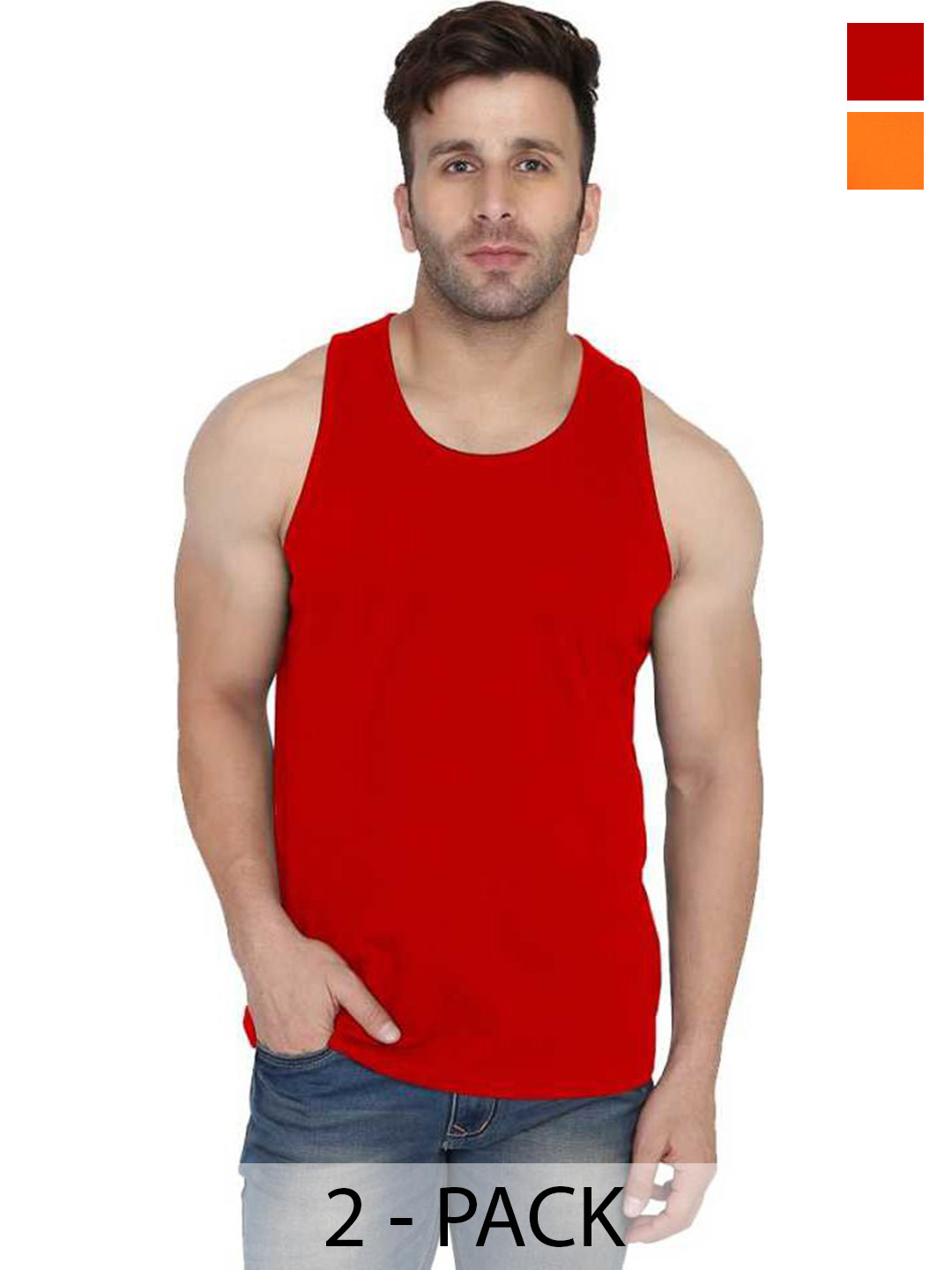 Woostro Men Pack Of 2 Round Neck Innerwear Vest RS26 COMBO (ORANGE) (RED)