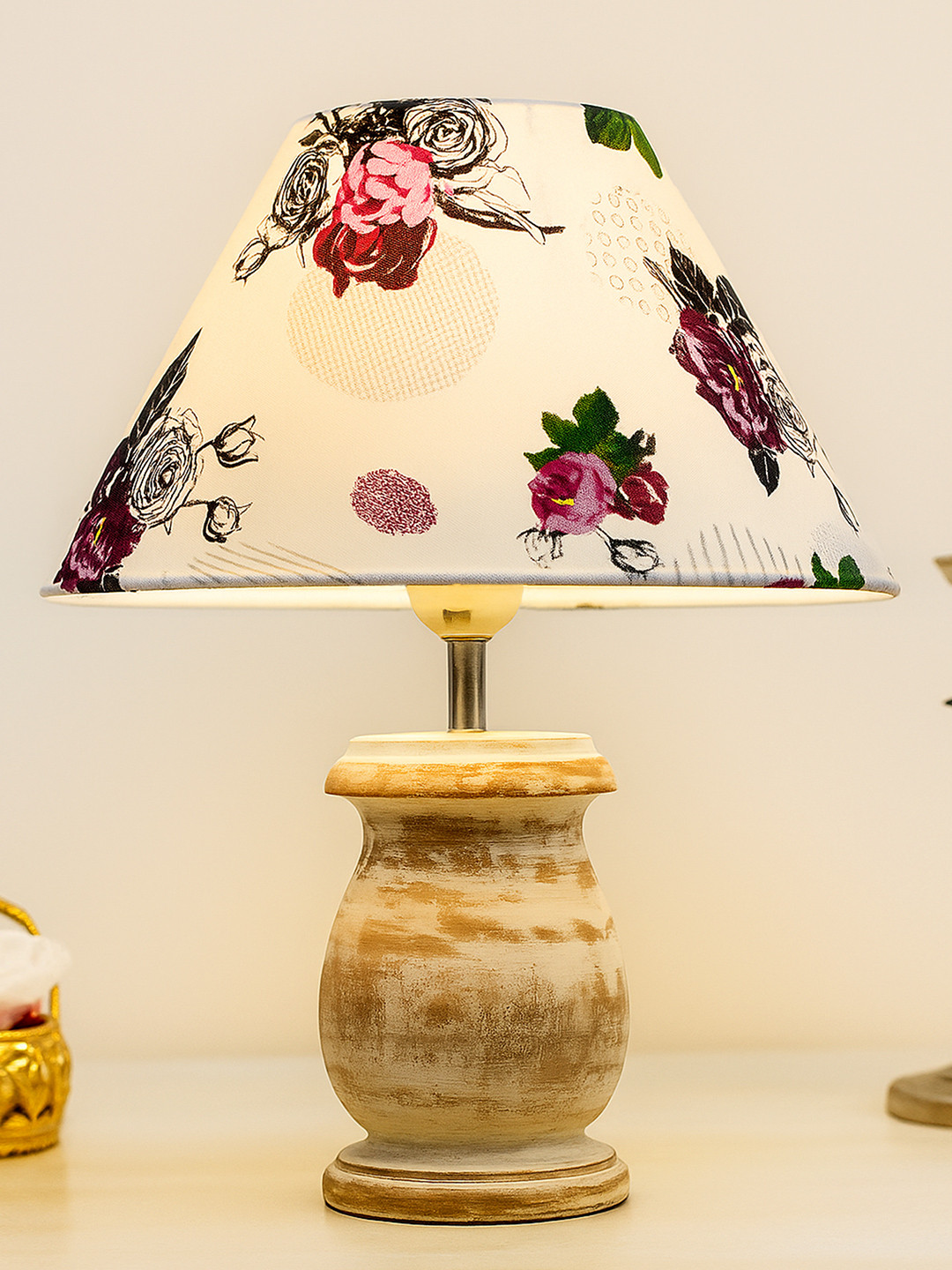 Homesake White & Red Floral Printed Rustic Wooden Frustum Shaped Table Lamp