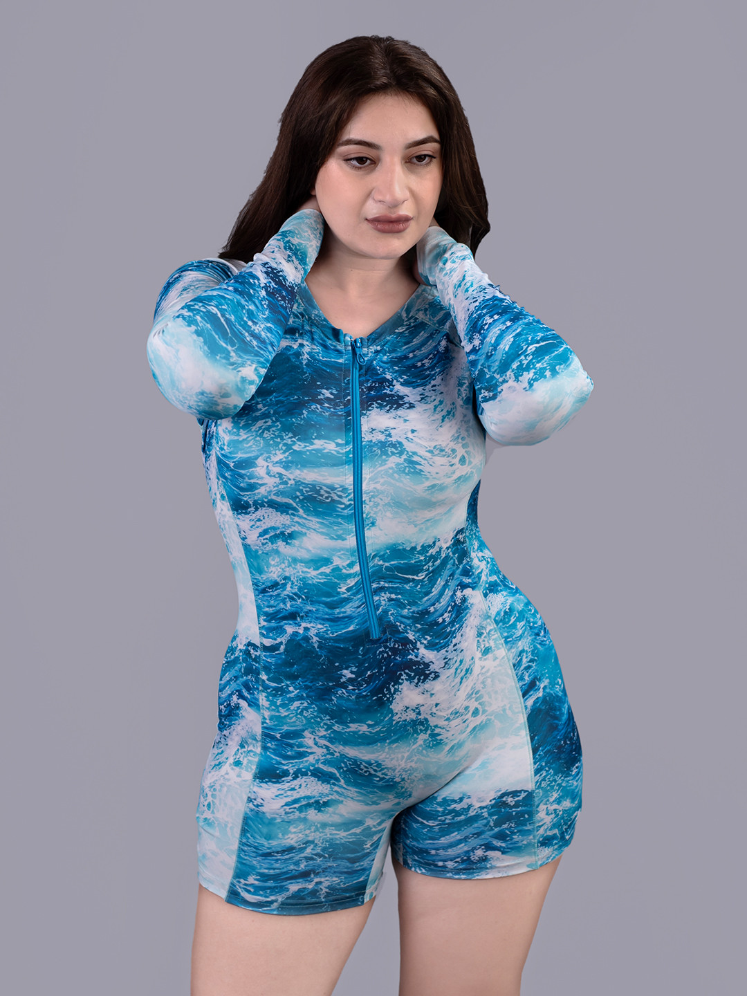 Keepfit Women Long Sleeves Printed Padded Plus Size Legsuit Swimwear
