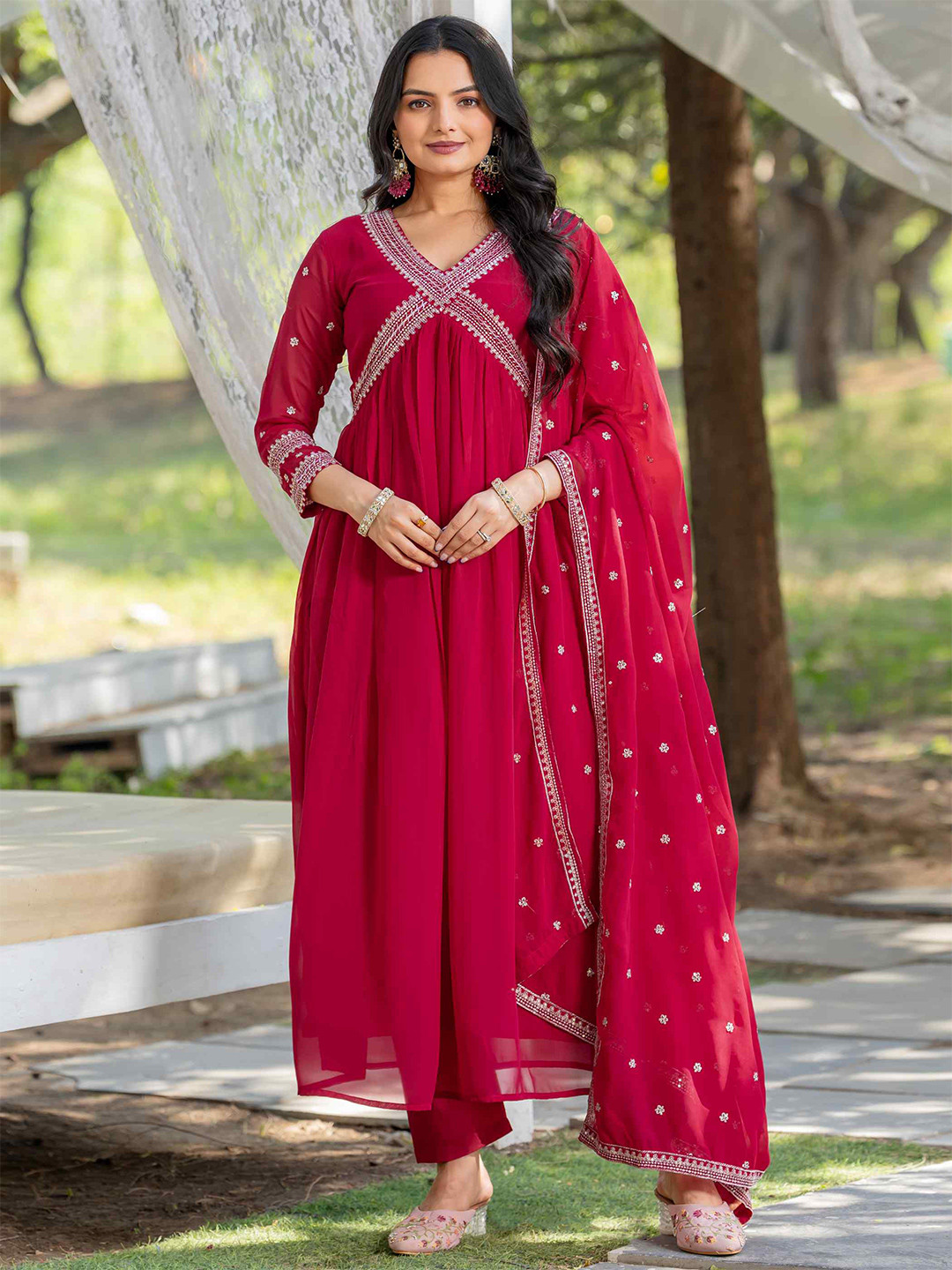 TextileNow Floral Yoke Design Empire Georgette Alia Cut Kurta With Trouser & Dupatta