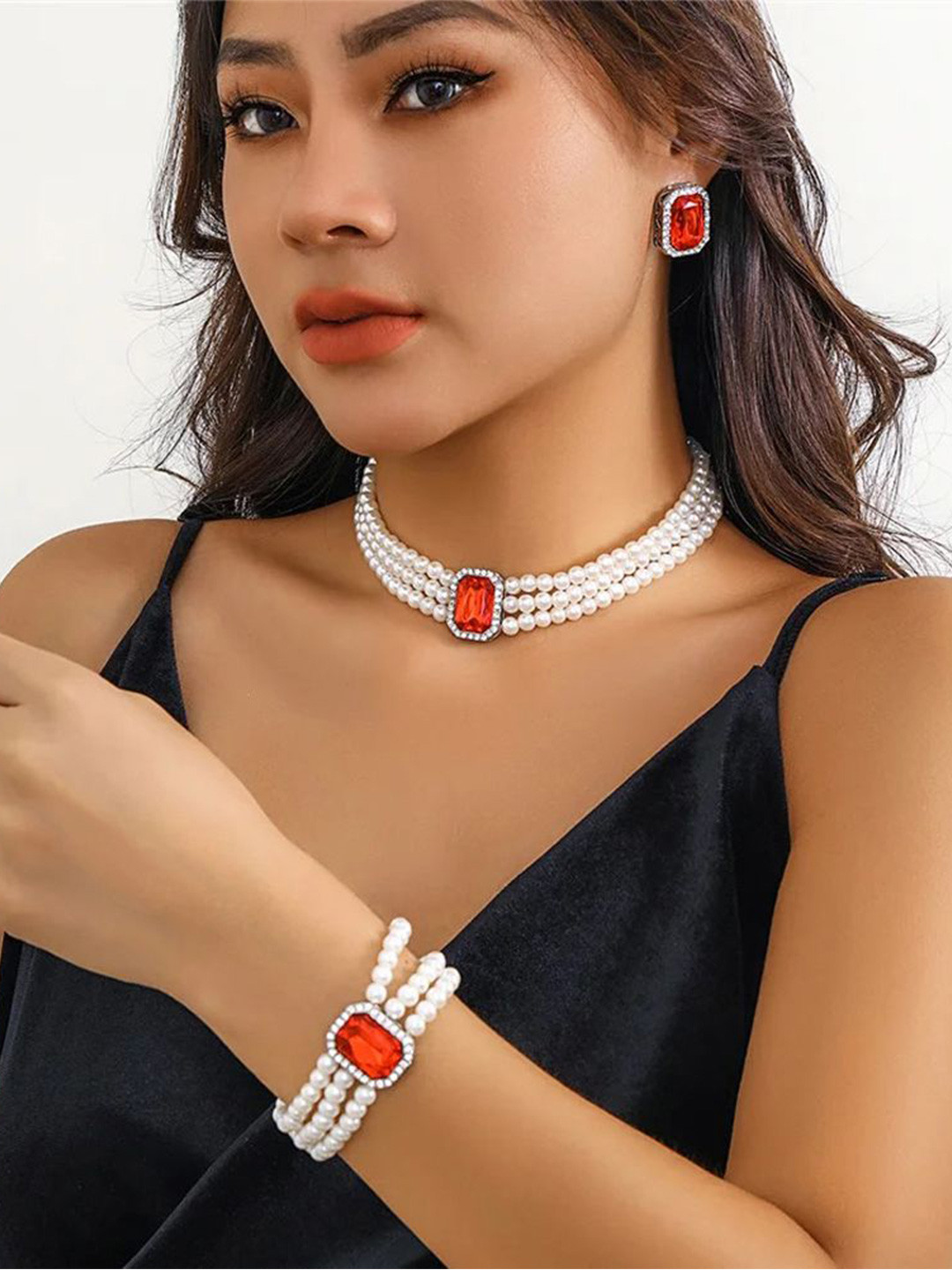 Shining Diva Fashion Sliver Plated Artificial Stones Studded & Pearls Beaded Jewellery Set