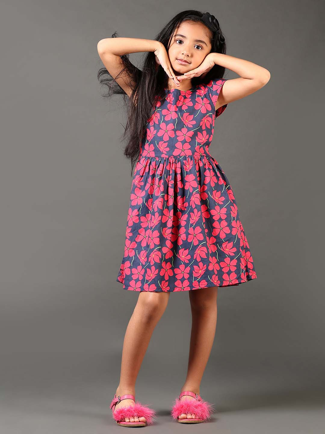 V-Mart Girls Printed Cap Sleeves Fit - Flare Dress