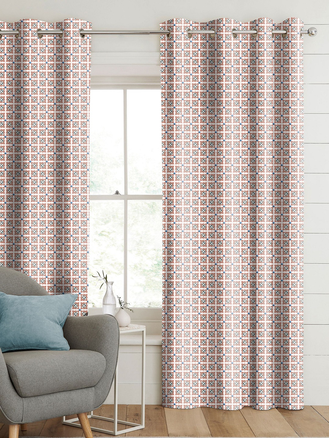 CASABLEU Anthem Doha Blue 2 Pieces Geometric Printed Room Darkening Door Curtains