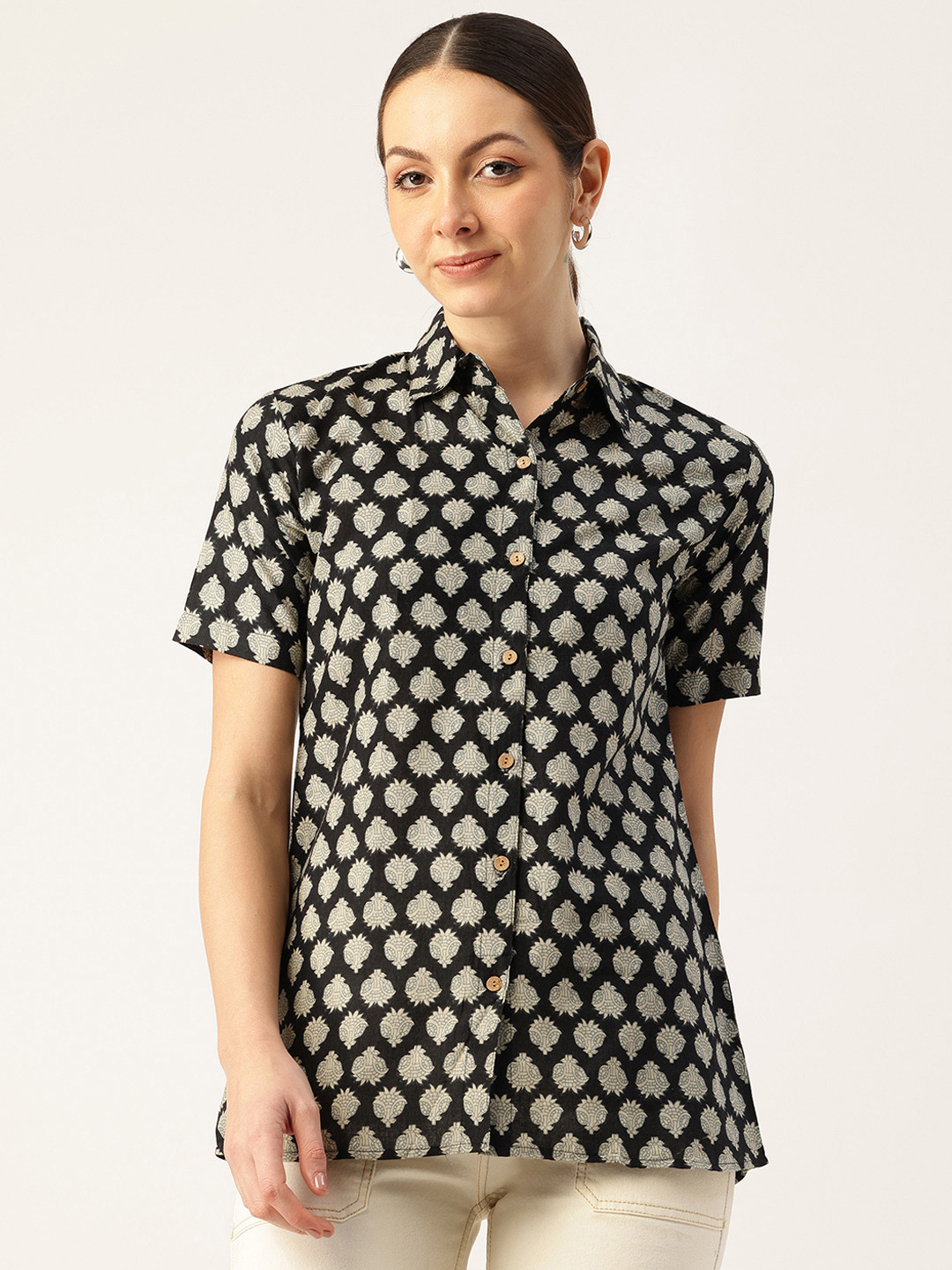 Molcha Women Smart Sanganeri Printed Pure Cotton Casual Shirt