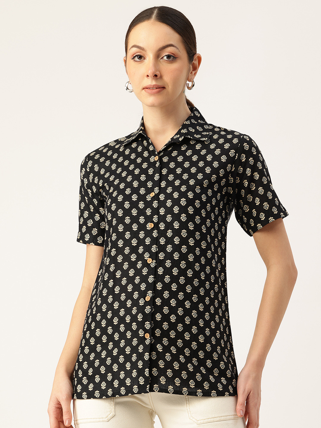 Molcha Women Smart Sanganeri Printed Pure Cotton Casual Shirt