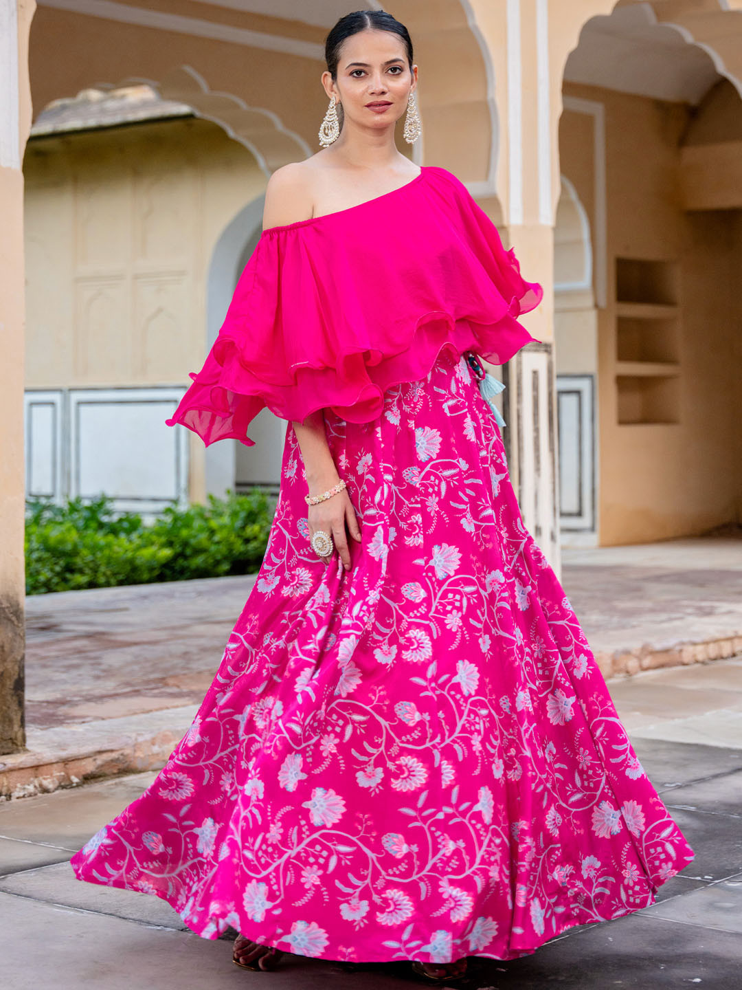 KASYA Floral Printed Off Shoulder Ready to Wear Lehenga & Choli