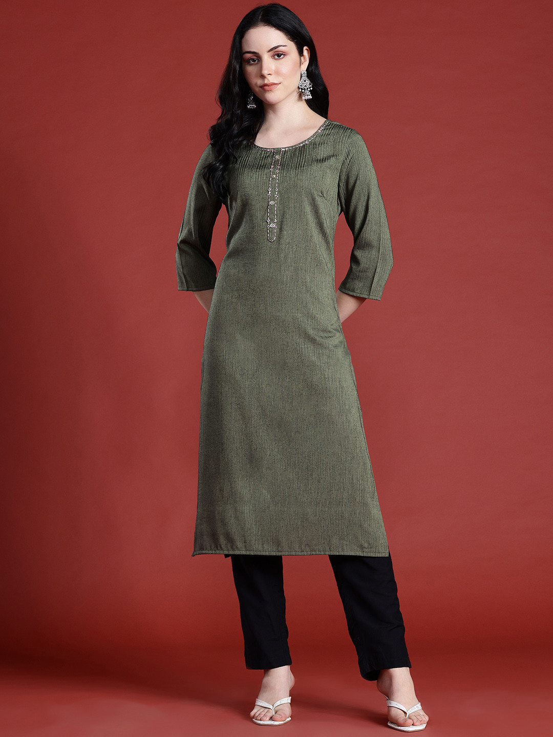 Anouk Thread Work Detail Calf Length Straight Kurta with Mock Buttons