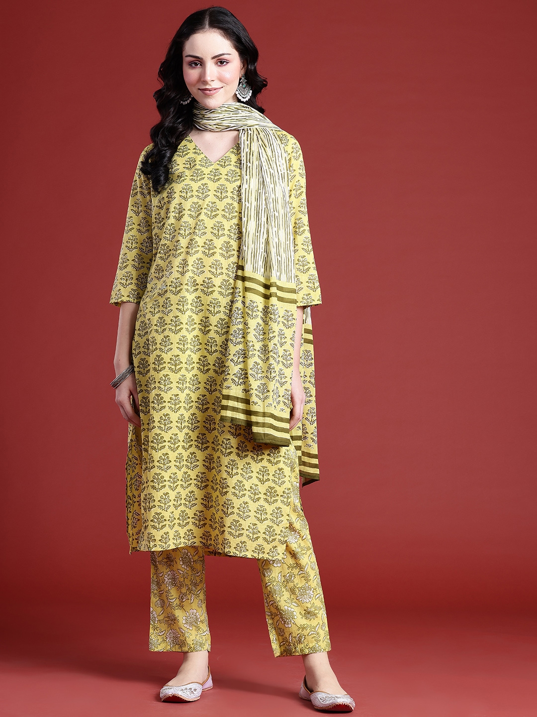 Anouk Ethnic Motifs Print Pure Cotton Kurta With Trousers & Dupatta - Kurta Sets for Women 32434578 | Myntra