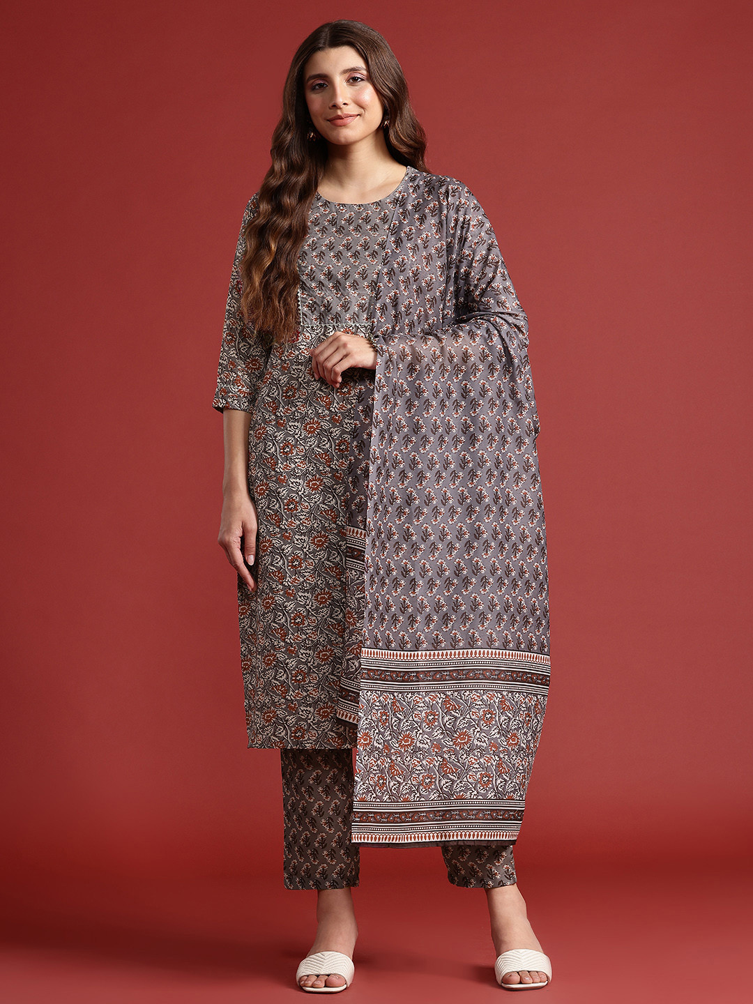 Anouk Ethnic Motif Print Kurta with Trousers & Dupatta