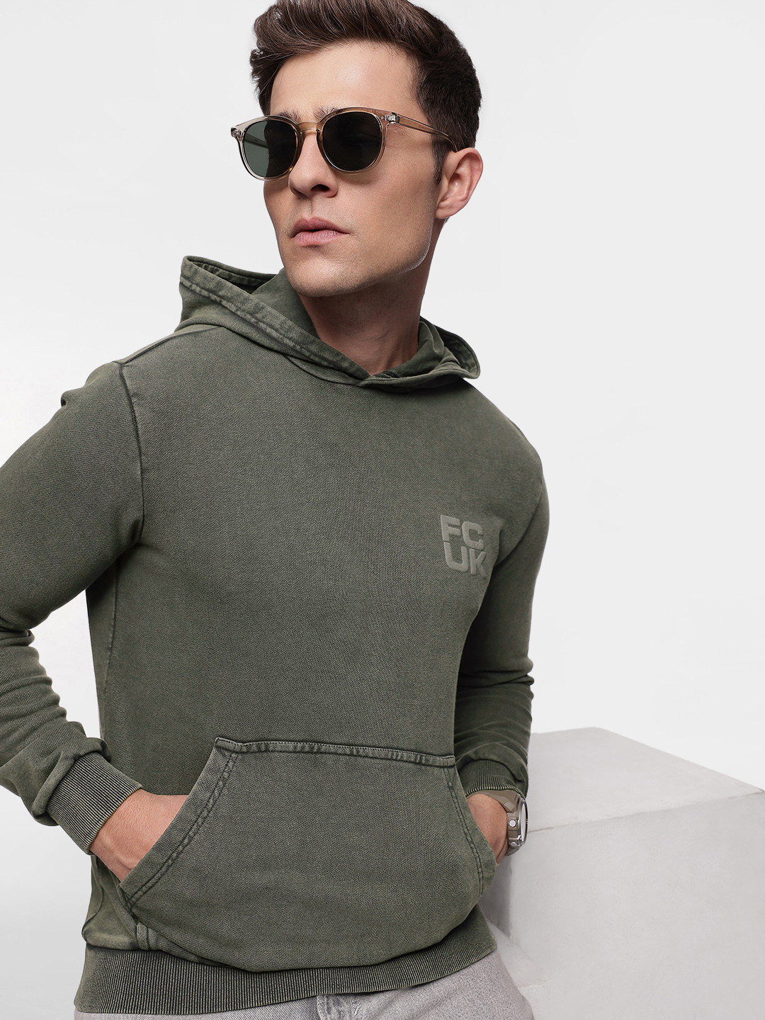 FCUK Solid Hooded Sweatshirt with Brand Logo Detail