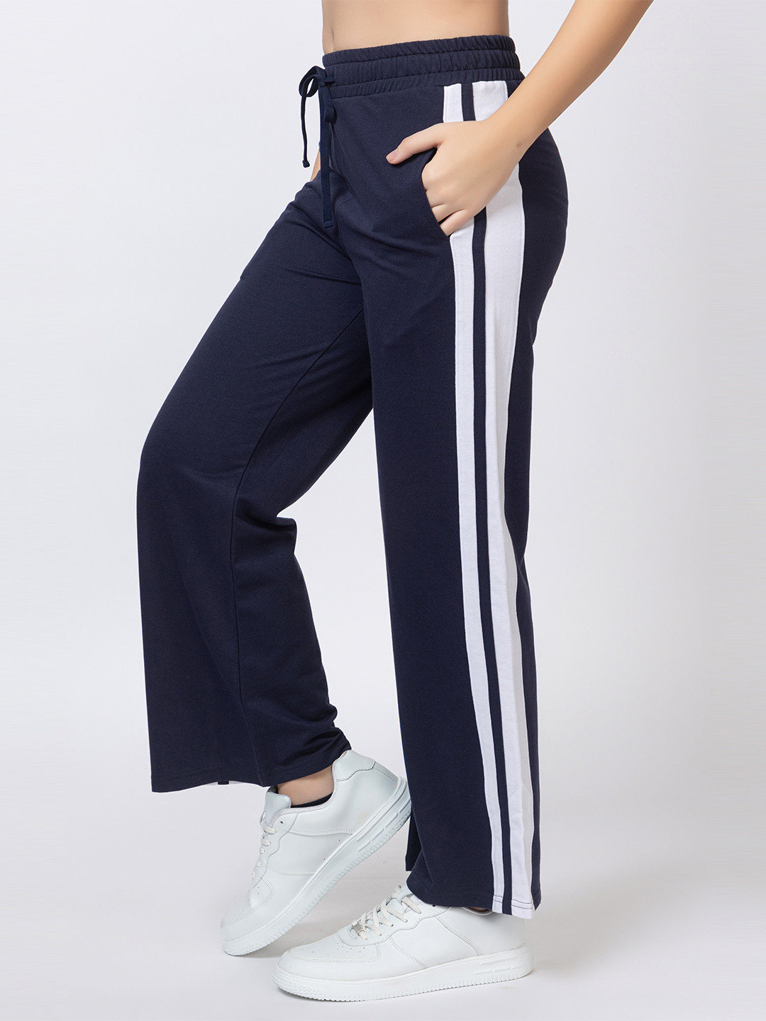FEMEA Women Flared Mid Rise Cotton Track Pant With Side Taping Detail