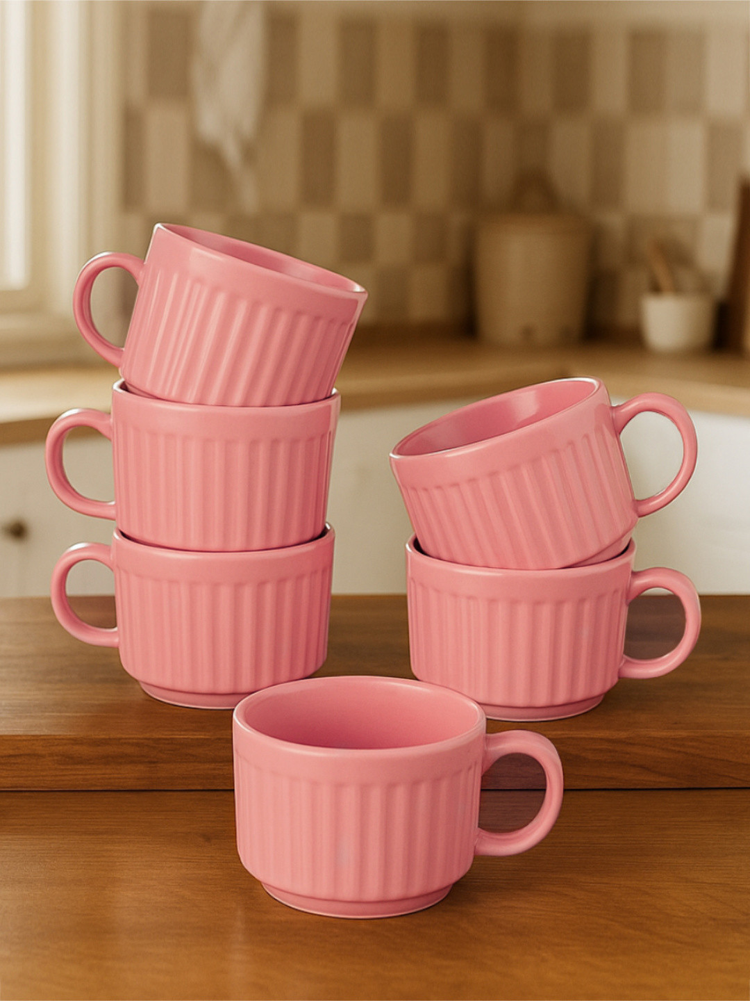 StyleMyWay Carlington Reactive Pink Textured Ceramic Microwave Safe 6 Piece Mugs-200ml