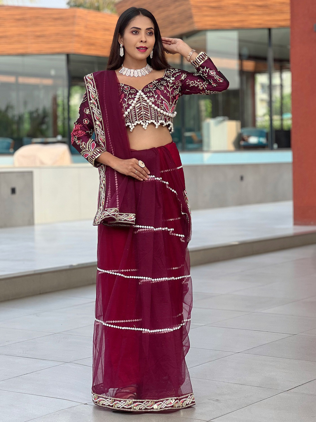 GRISHU COLLECTION Embellished Beads and Stones Net Saree With Unstitched Blouse