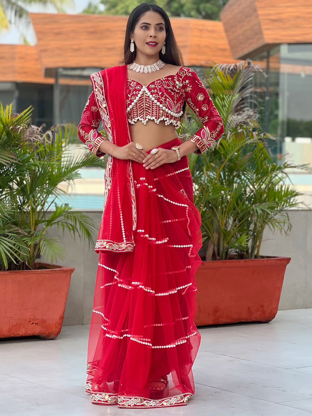 GRISHU COLLECTION Embellished Beads and Stones Net Saree