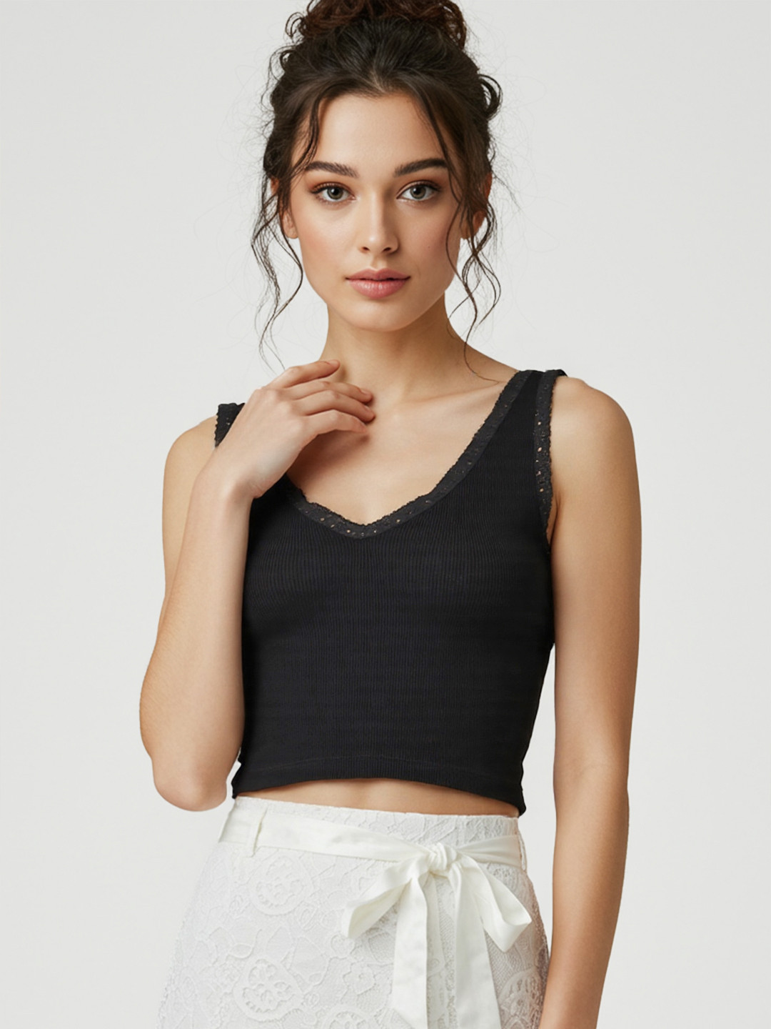 Ribbed Plunge Neck Lace Insert Crop Top