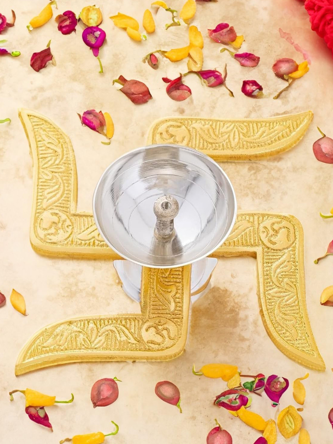 Adbeni Gold-Toned and Silver-Toned Swastik Textured Brass Diya With Velvet Gift Box