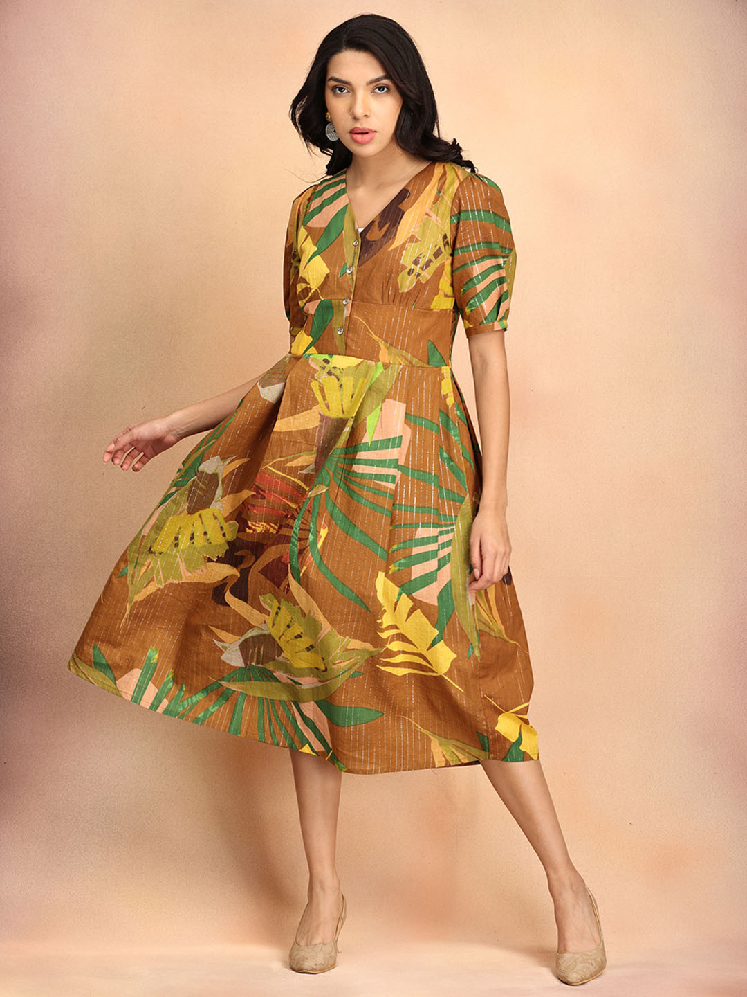 The Woman Store Tropical Flutter Sleeve A-Line Midi Dress